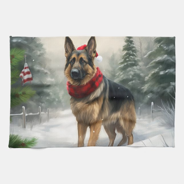 Schäferhund i snö jul kökshandduk (Horisontell)
