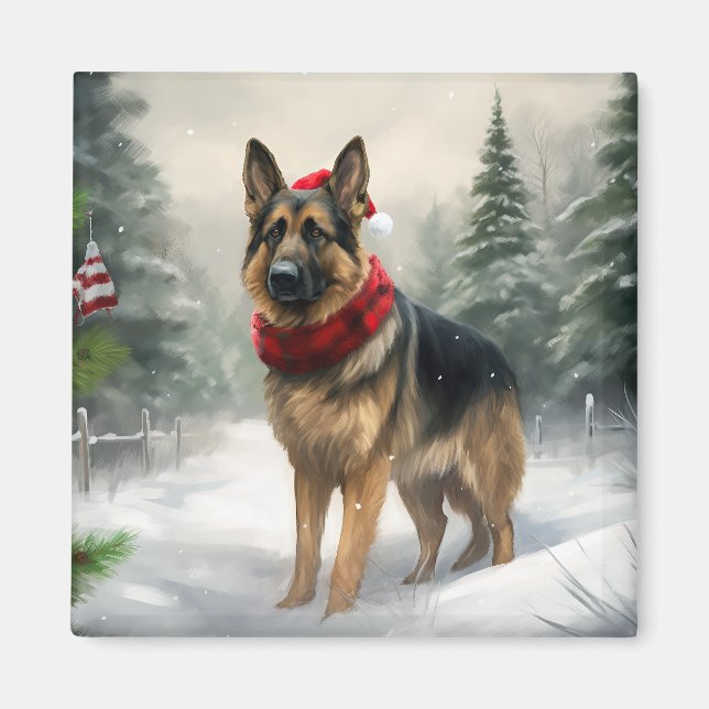 Schäferhund i snö jul magnet (Framsidan)