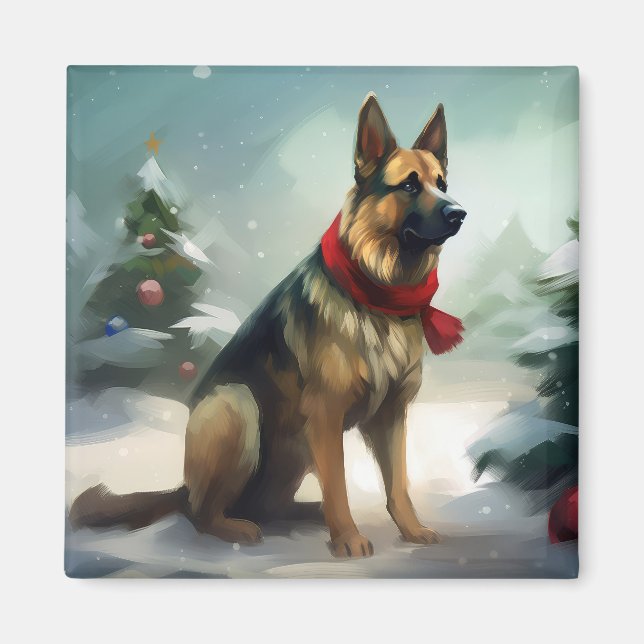 Schäferhund i snö jul magnet (Framsidan)