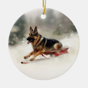 Schäferhund jul snö vinter julgransprydnad keramik