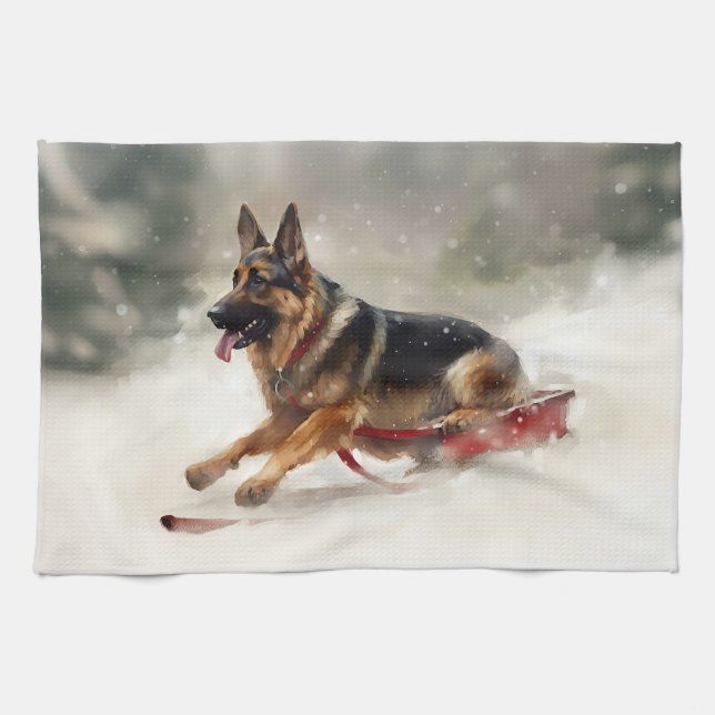 Schäferhund jul snö vinter kökshandduk (Horisontell)