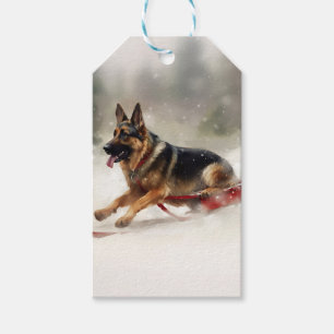 Schäferhund jul snö vinter presentetikett