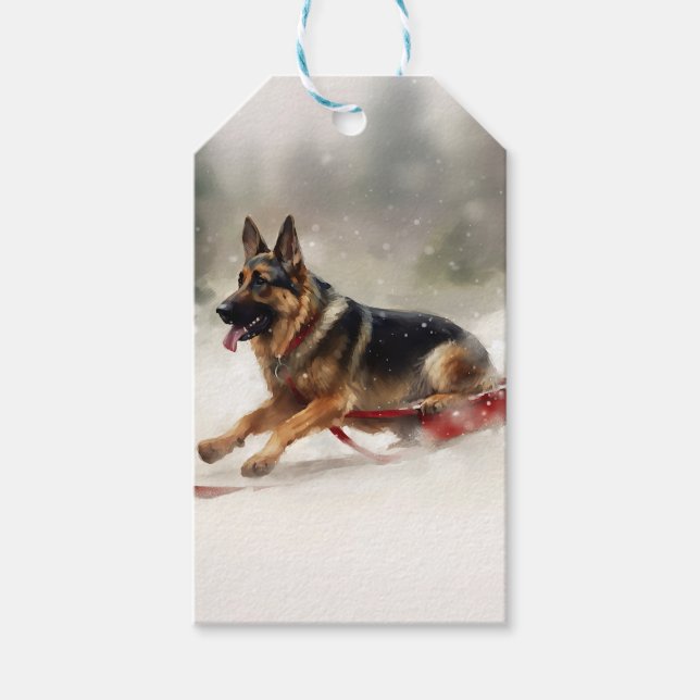 Schäferhund jul snö vinter presentetikett (Framsidan)