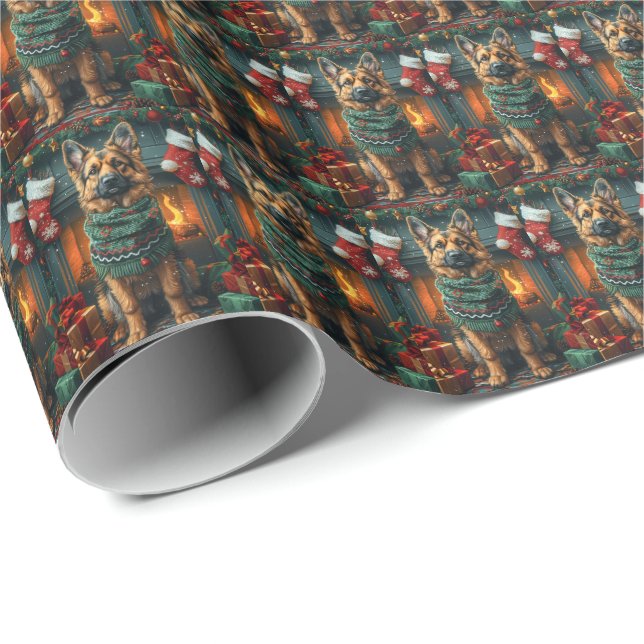 Schäferhund med julklappar öppen spis presentpapper (Rullad Hörn)