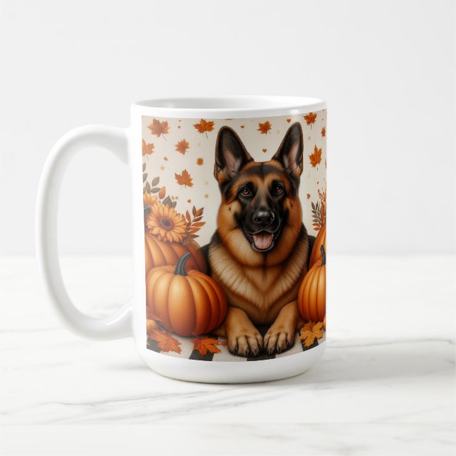 Schäferhund med pumpor och höstlöv kaffemugg (Vänster)