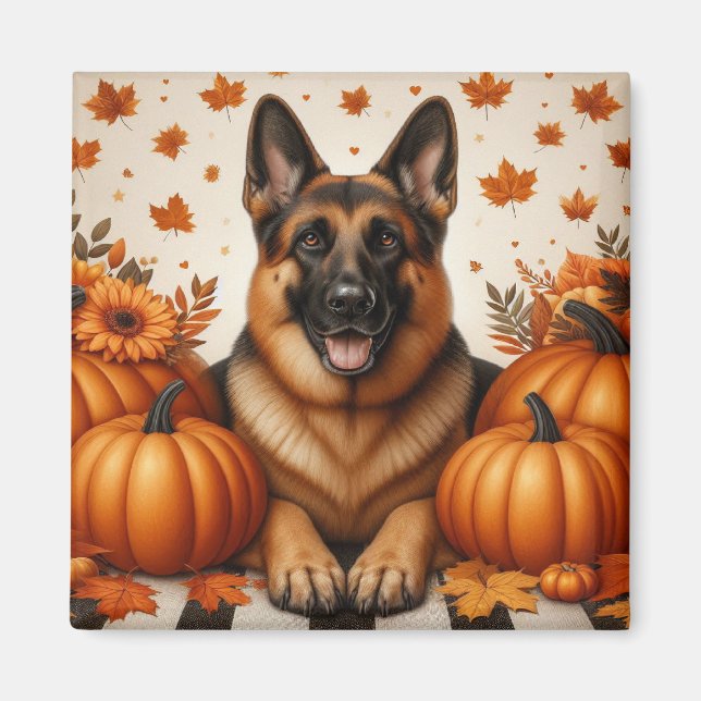 Schäferhund med pumpor och höstlöv magnet (Framsidan)