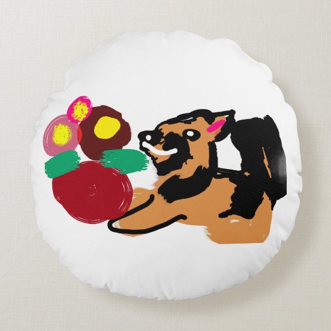 Schäferhund och blommor  bra  rund kudde (Framsidan)