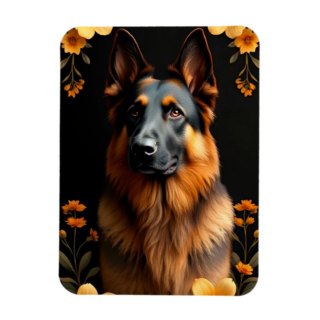 Schäferhund omgiven av livfulla blommor magnet (Vertikal)