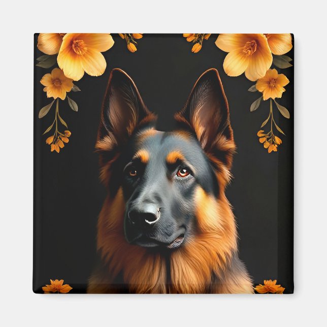 Schäferhund omgiven av livfulla blommor magnet (Framsidan)
