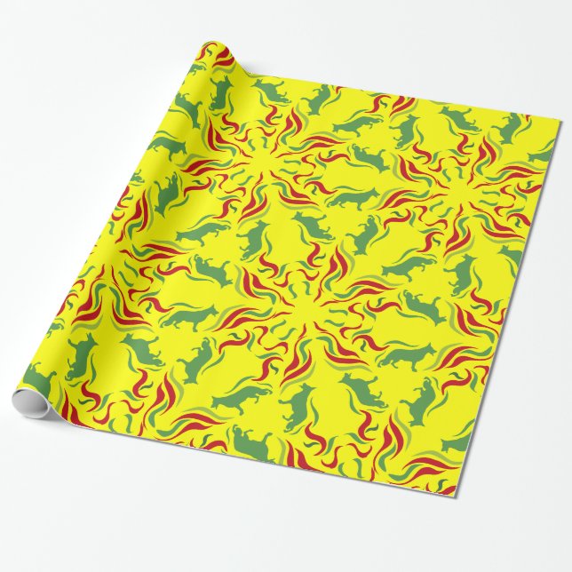 Schäferhund röd grön presentpapper (Utrullad)