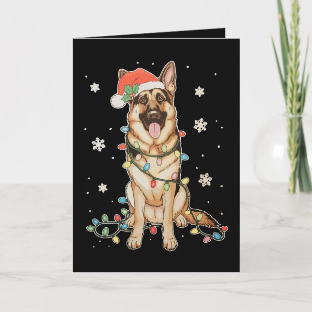 Schäferhund Santa hatt julbelysning träd Kort (Framsida)