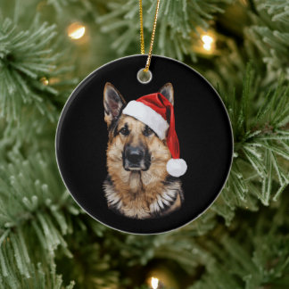 Schäferhund Santa hatt porträtt jul Xmas Julgransprydnad Keramik