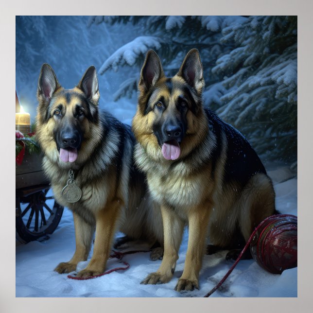 Schäferhund Snösläd Juldekoration Poster (Framsidan)