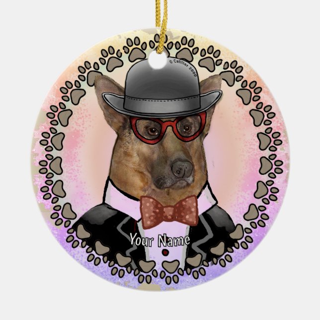 Schäferhund som bär glasögon julgransprydnad keramik (Framsidan)