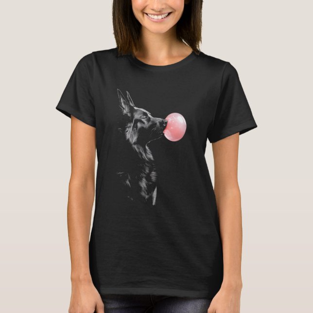 Schäferhund som blåser tuggummi t shirt (Framsida)