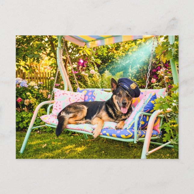 Schäferhund som chillar på verandasvingen vykort (Framsida)
