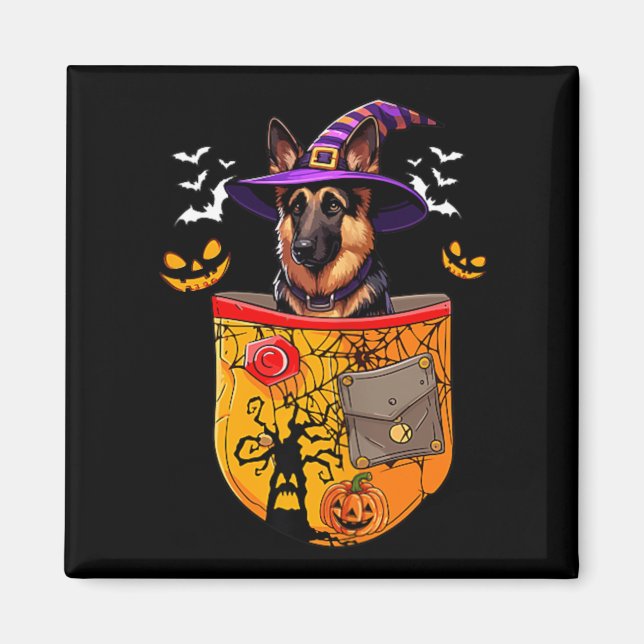 Schäferhund som häxa i fickan Halloween hund Magnet (Framsidan)