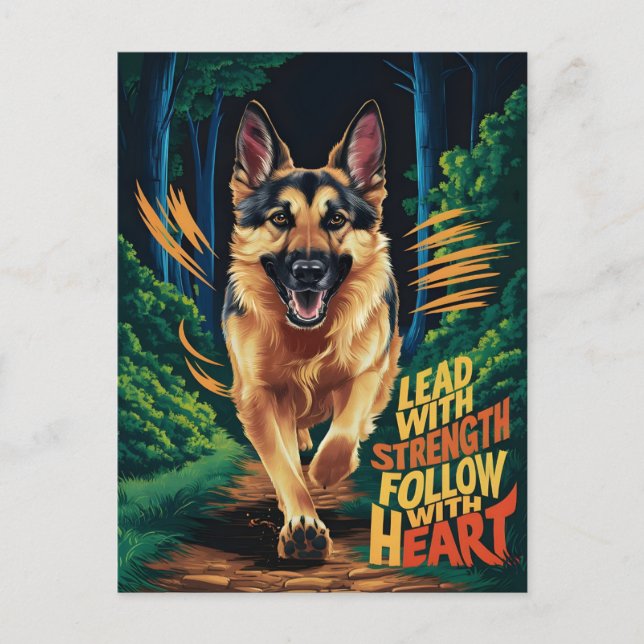 Schäferhund springer genom skog vykort (Framsida)