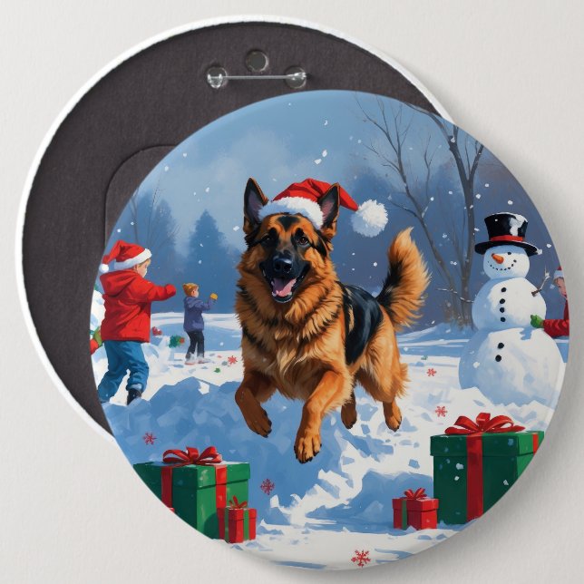 Schäferhund springer i snö med julhatt knapp (Framsida & baksida)