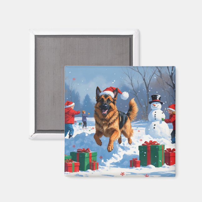 Schäferhund springer i snö med julhatt magnet (Front/Back)