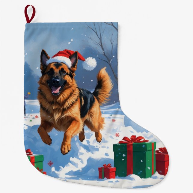 Schäferhund springer i snö med julhatt stor julstrumpa (Framsidan)