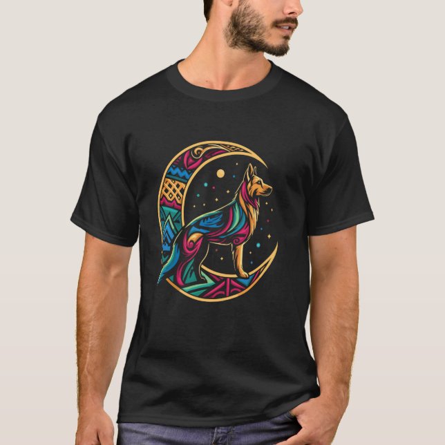Schäferhund Tribal Hundras - Måne T Shirt (Framsida)