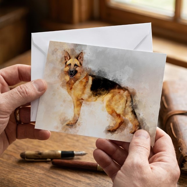 Schäferhund Vattenfärgskonsttryck Anteckningskort (German Shepherd Dog Watercolor Art Print. Note Card)