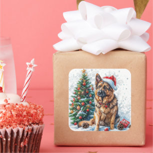 Schäferhund vid snöig julgran fyrkantigt klistermärke
