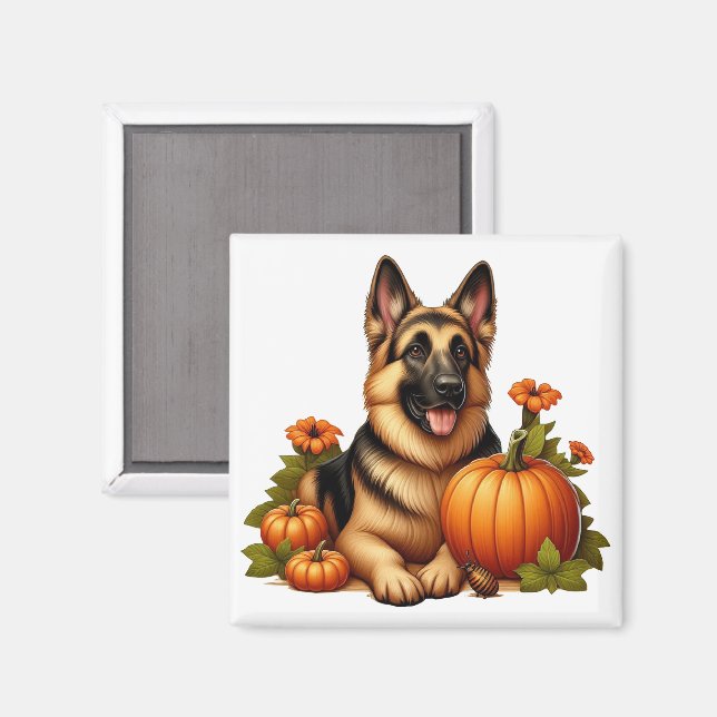 Schäferhund vilar med pumpor och blommor magnet (Front/Back)