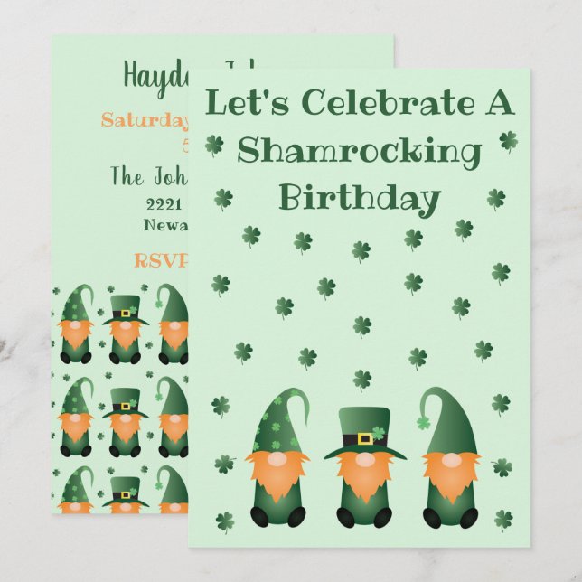Schamrocking Birthday Celebration Gnomes Inbjudningar (Fram/baksida)