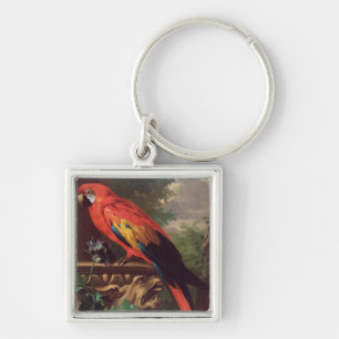 Scharlakansröd Macaw i en landskap (olja på Fyrkantig Silverfärgad Nyckelring