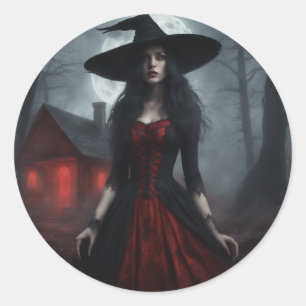 Scharlakansröd och svart dyster häxa Halloween  Runt Klistermärke