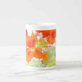 Scharlakansröda Nasturtiums, vattenfärg och bläck Benporslin Mugg