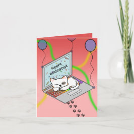 Schattige kat op laptop met slingers verjaardags helgkort