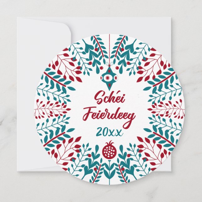 Schéi Feierdeeg, luxemburgsk God Jul Julkort (Framsida)