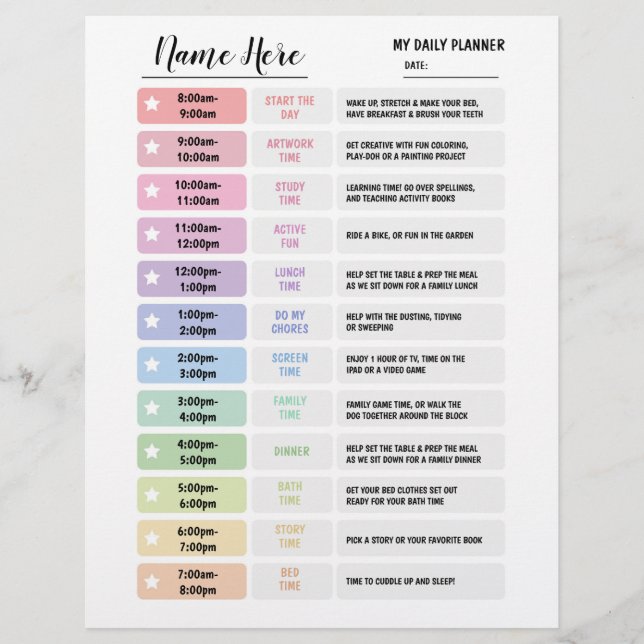 Schemalägg stjärna för barnscheman för daglig plan reklamblad (Framsidan)