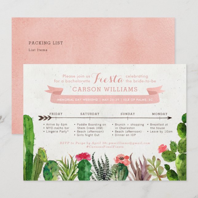 Schemaläggning av Desert Bachelorette Helg Inbjudningar (Fram/baksida)