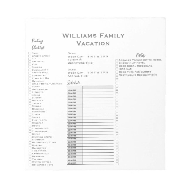 Schemaläggning för schemaläggning av Vacacation Tr Anteckningsblock (Framsida)