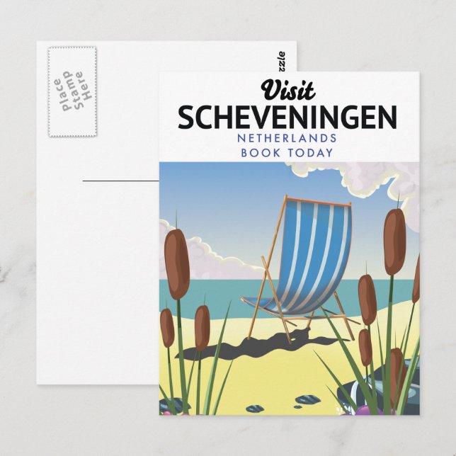 Scheveningen Nederländerna strand affisch Vykort (Fram/baksida)