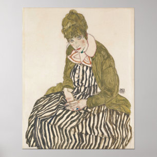 Schiele - Edith med randig klänning sittande Poster