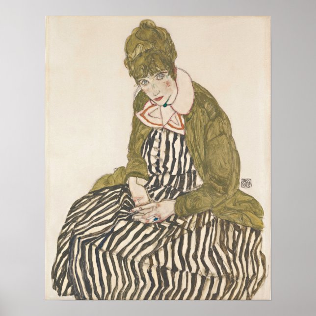 Schiele - Edith med randig klänning sittande Poster (Framsidan)