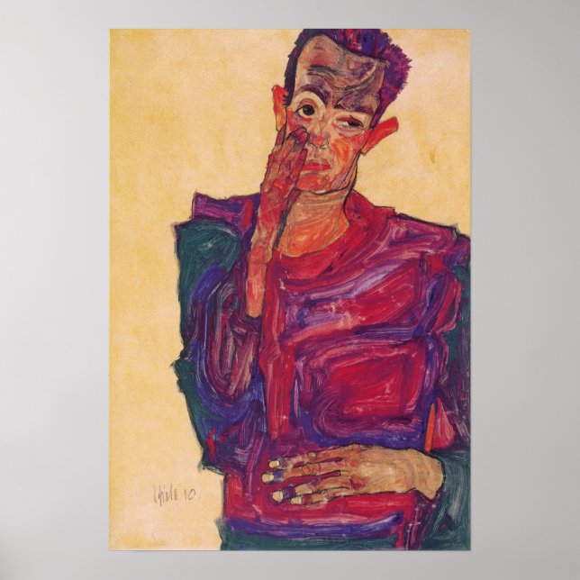 Schiele-Self-Porträtt med nedsatt Eyelid Poster (Framsidan)