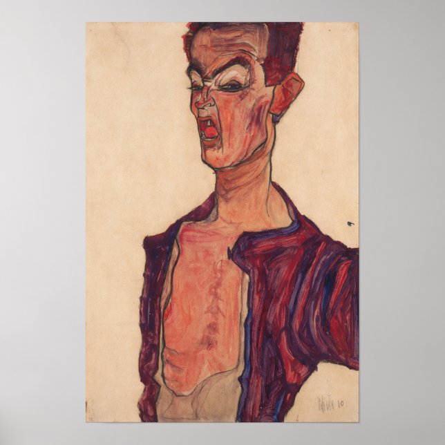 Schiele - Självporträtt med förvridet ansikte Poster (Framsidan)