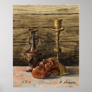 Schiele - Stilleben med ljusstake vas och Ma… Poster