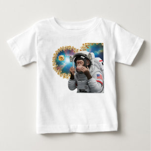 Schimpansastronaut svävande med kosmisk popcorn t shirt