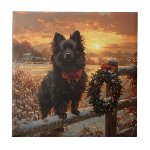 Schipperke Hund Rustic Winter Sunset Kakelplatta