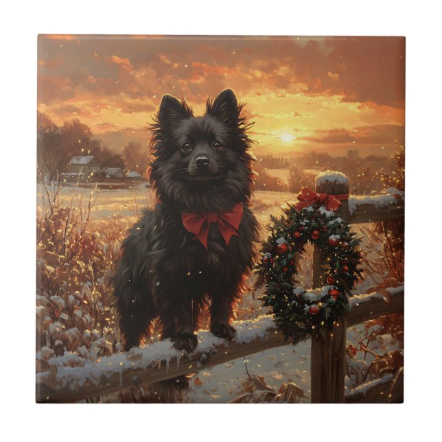 Schipperke Hund Rustic Winter Sunset Kakelplatta (Framsidan)