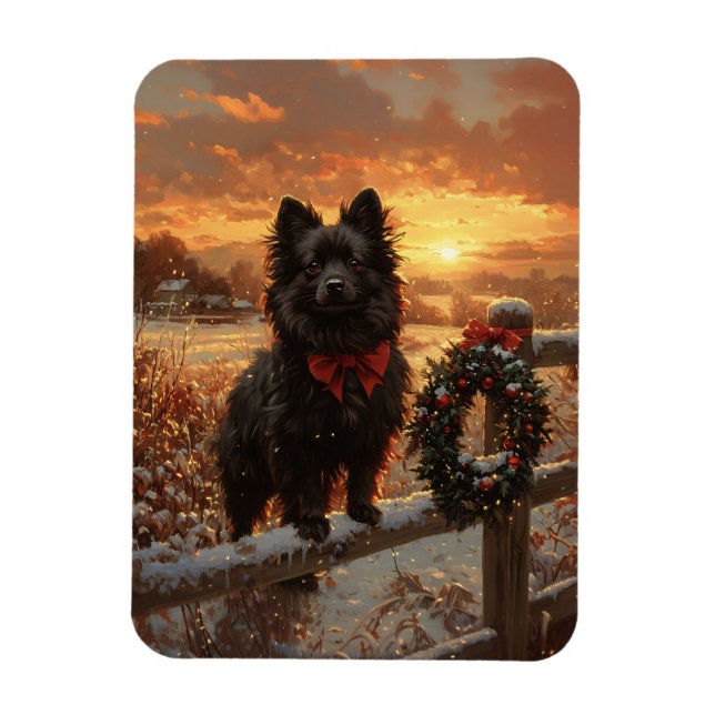 Schipperke Hund Rustic Winter Sunset Magnet (Vertikal)
