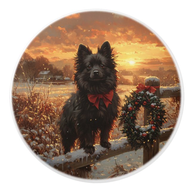 Schipperke Hund Rustik Solnedgång på Vinter Knopp (Framsidan)