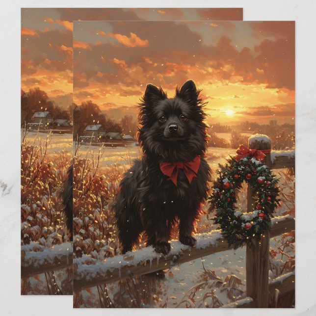Schipperke Hund Rustikt Vinter Scrapbookpapper (Fram/baksida)